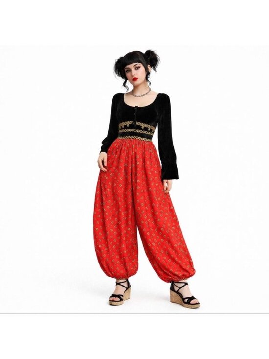 Sandine Originals Pants - Vintage 1960s/1970s Sandine Originals  Harem Jumpsuit With Black Velvet Bodice V
